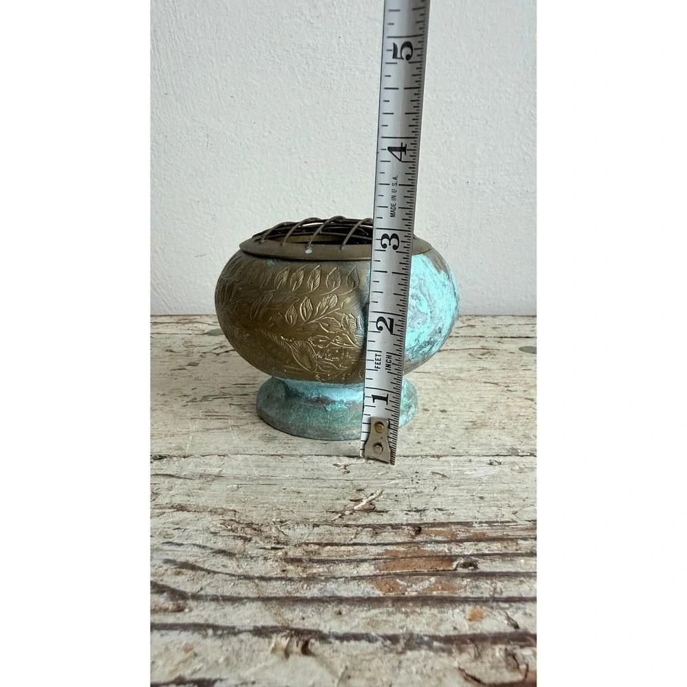Vintage Etched Brass Rose Bowl Flower Frog Verdigris Patina Leaf Pattern 4in